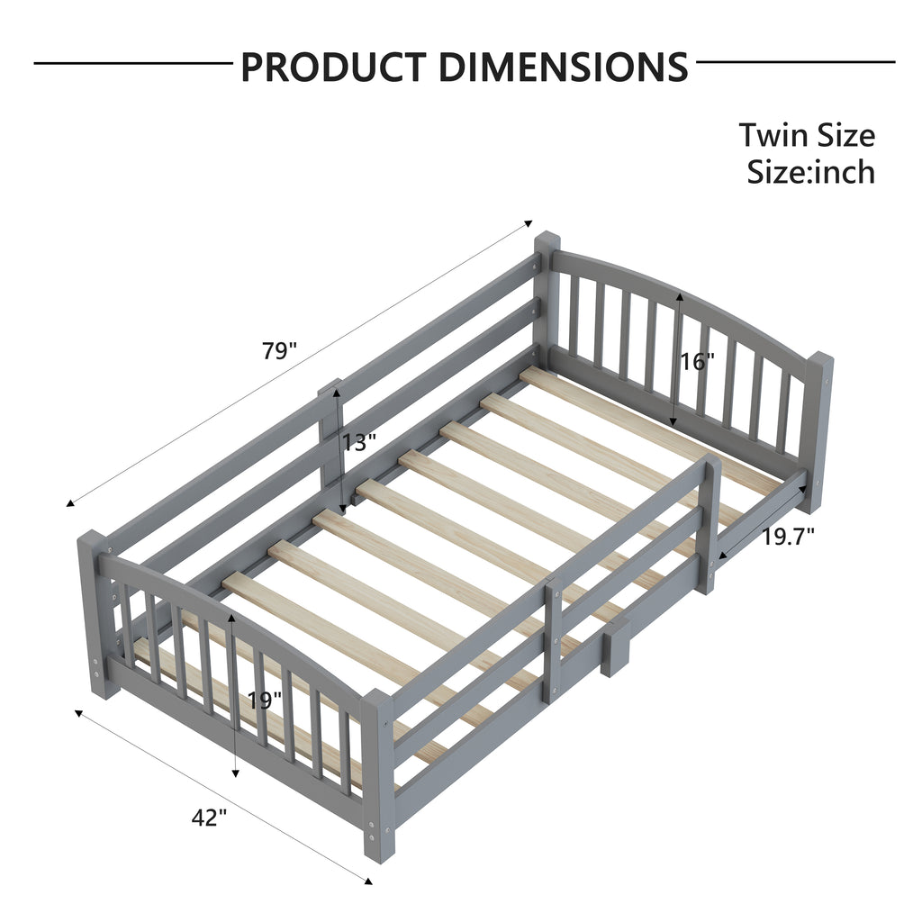 Montessori Floor Bed for Kids - Low Profile Solid Wood Platform Bed with Safety Rails