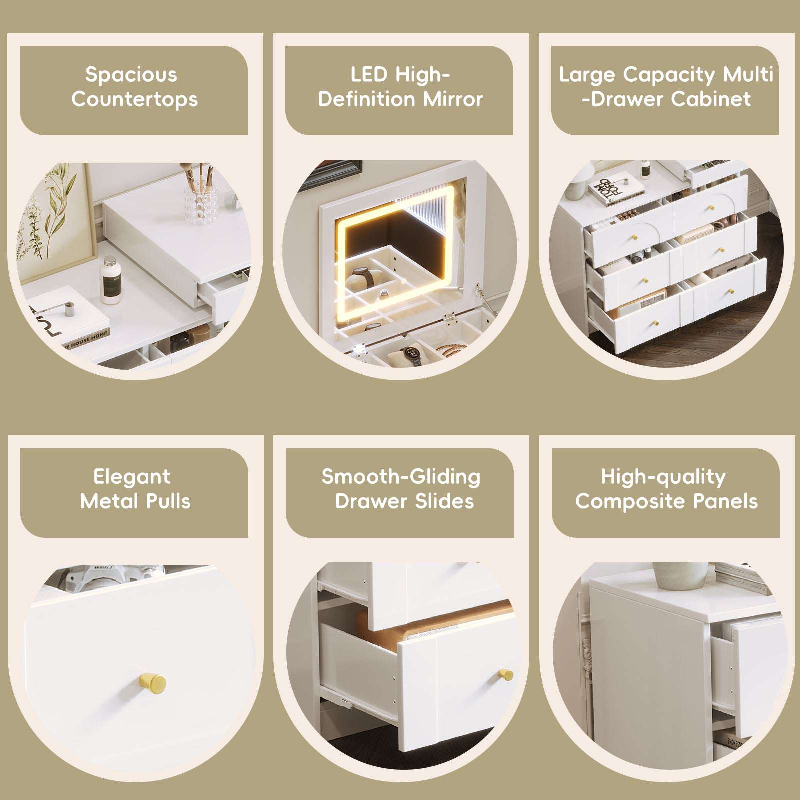 HECATEVIC All-in-One Flip Vanity Desk with LED Lights | Makeup Table & Workstation