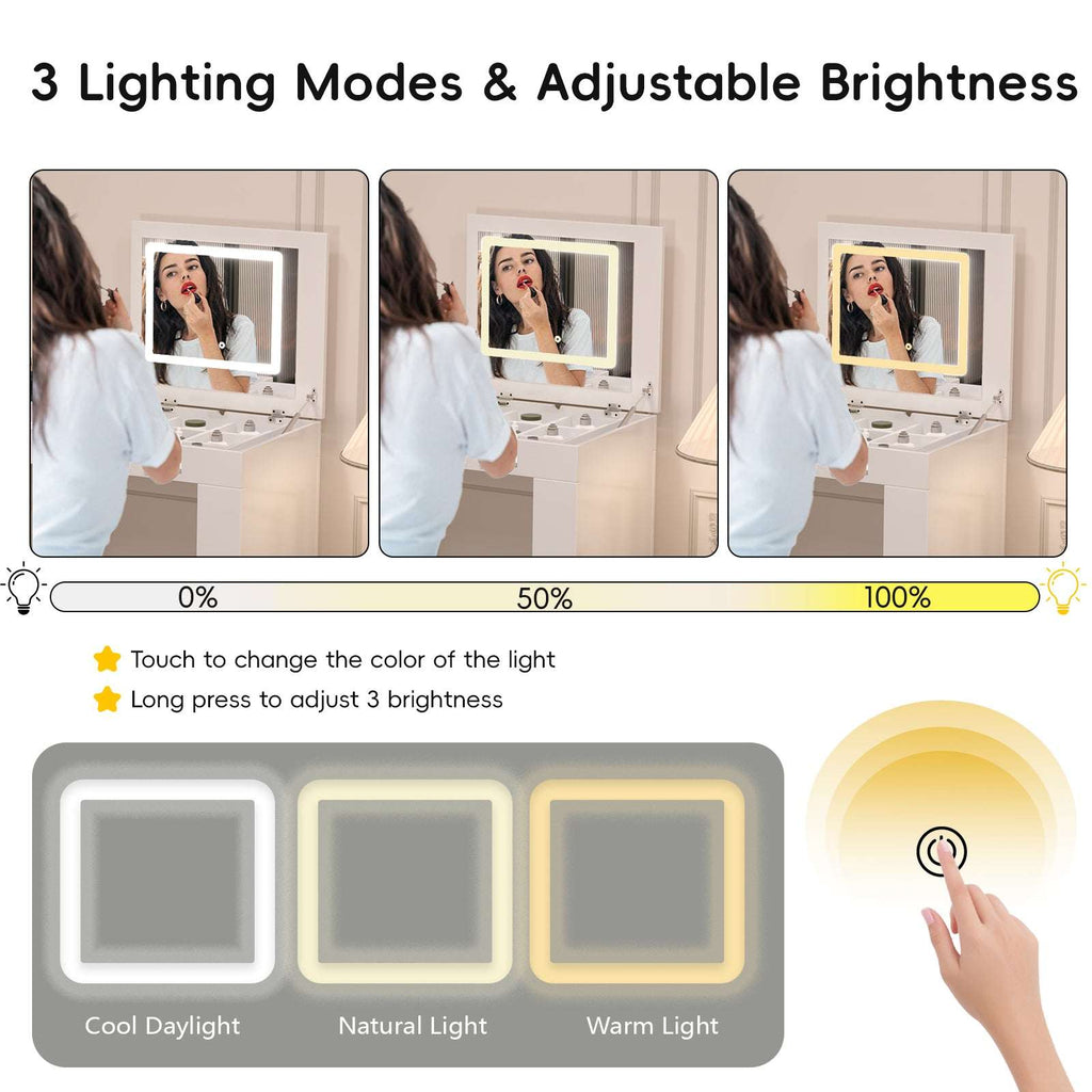 HECATEVIC All-in-One Flip Vanity Desk with LED Lights | Makeup Table & Workstation