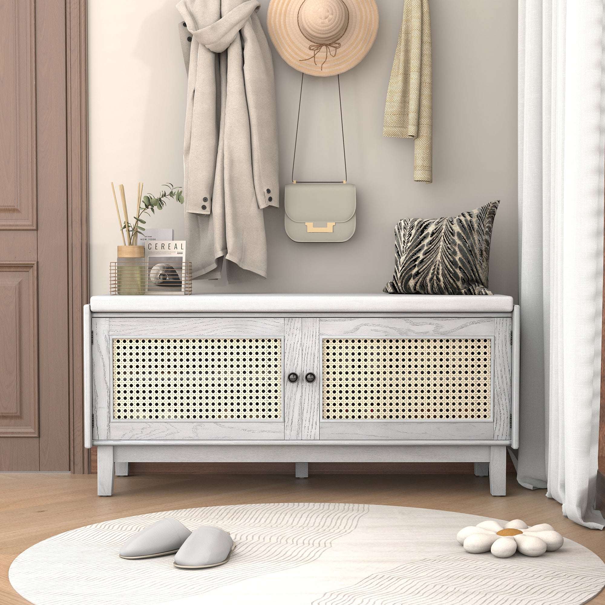 HECATEVIC Boho Storage Bench with Removable Cushion & Rattan Doors