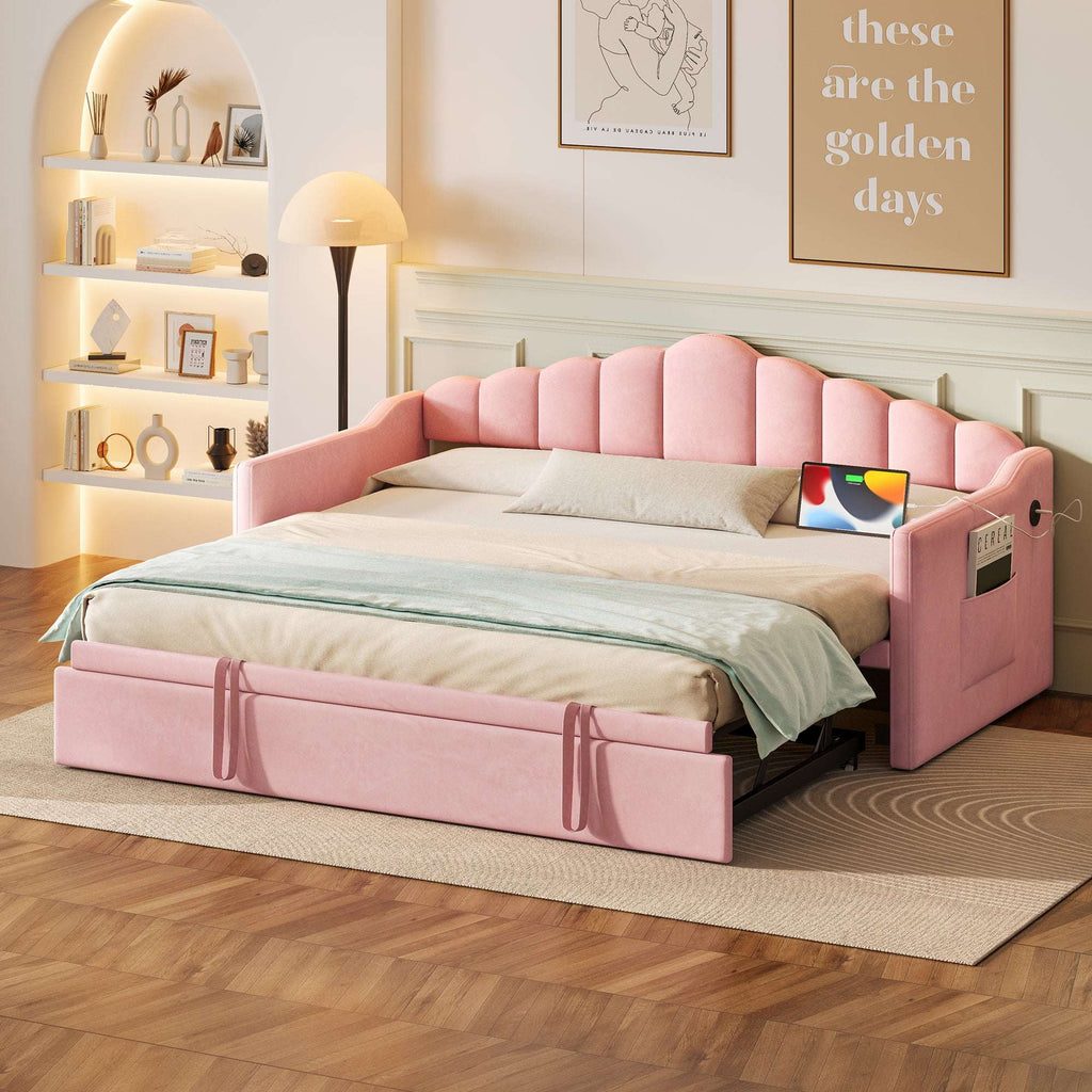Twin Daybed with Pop Up Trundle, Upholstered Modern Velvet Sofa Bed