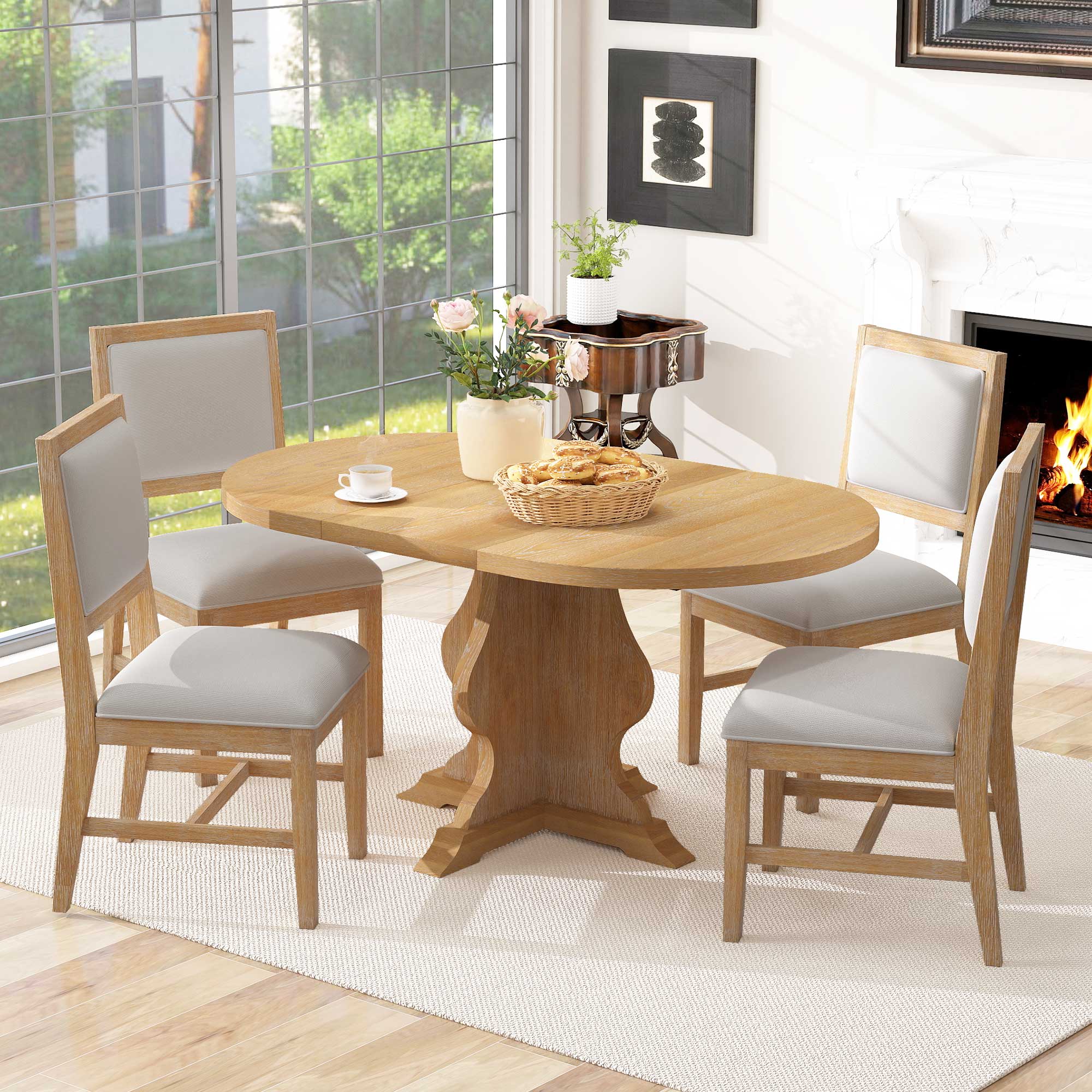 Rustic Farmhouse Dining Set | Extendable Table with 4 Upholstered Chairs | Solid Wood & Distressed Finish - HECATEVIC Home Design