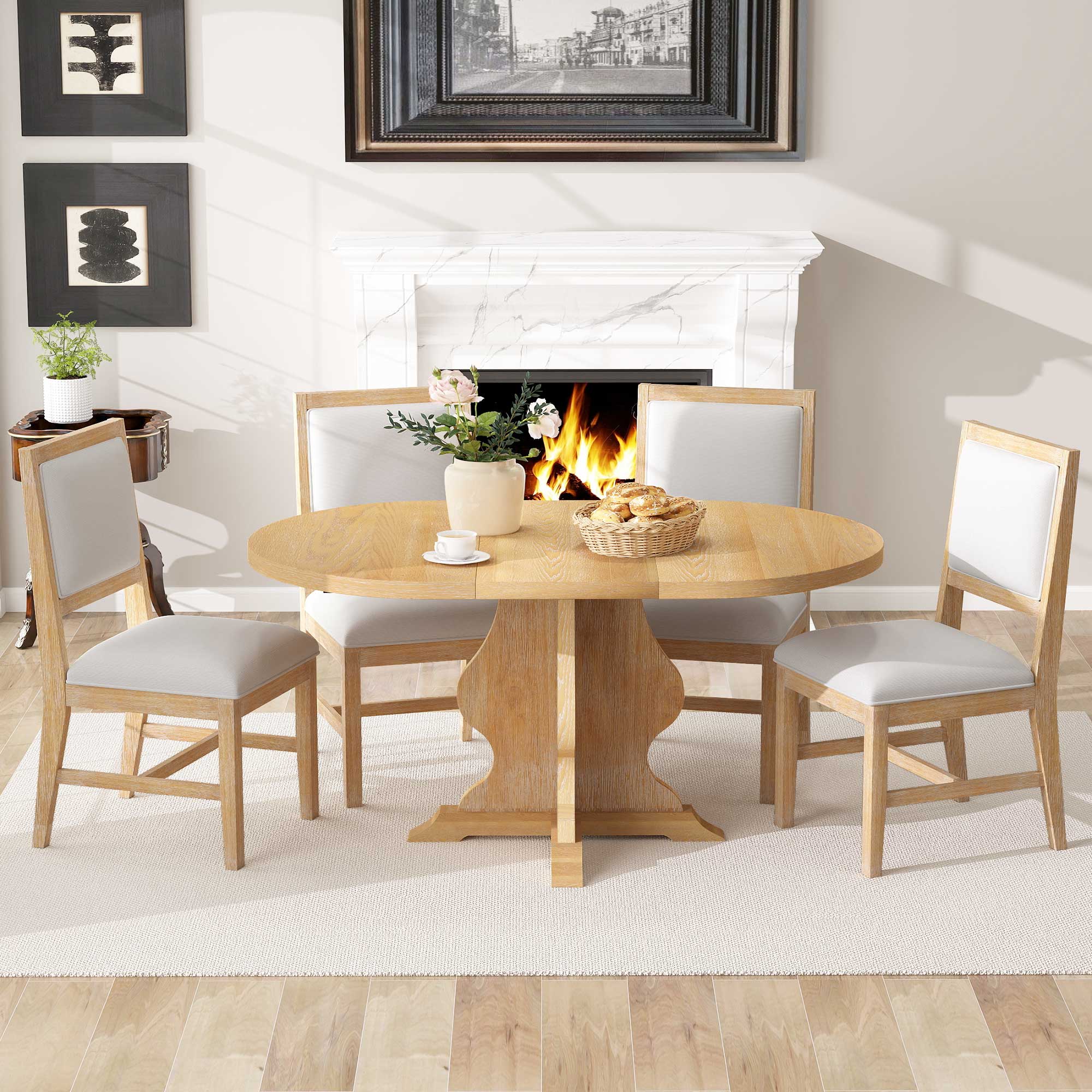 Rustic Farmhouse Dining Set | Extendable Table with 4 Upholstered Chairs | Solid Wood & Distressed Finish - HECATEVIC Home Design