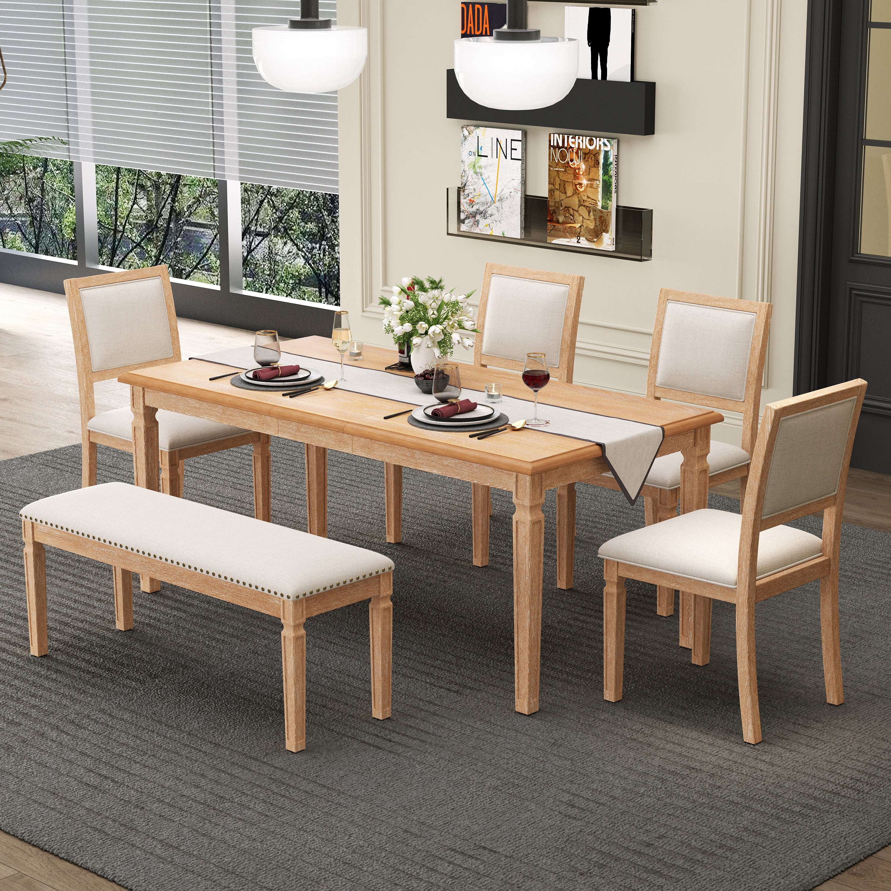 6-Piece Expandable Rustic Dining Set with Bench - Handcrafted Distressed Finish
