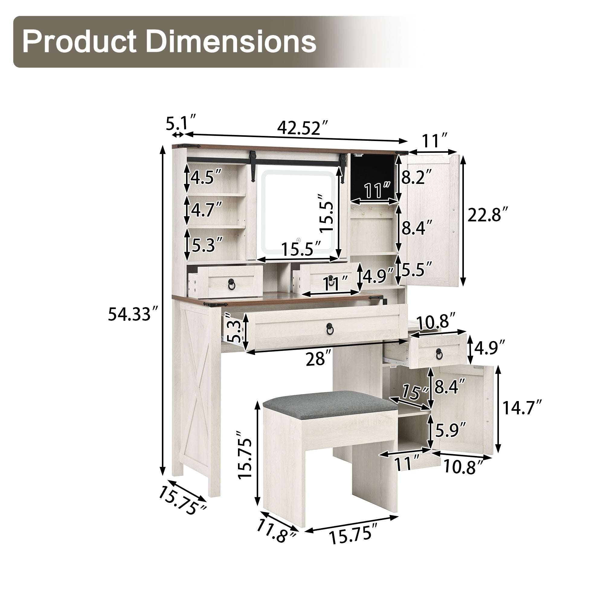 HECATEVIC Elegant Farmhouse Vanity Set with LED Mirror & Charging Station