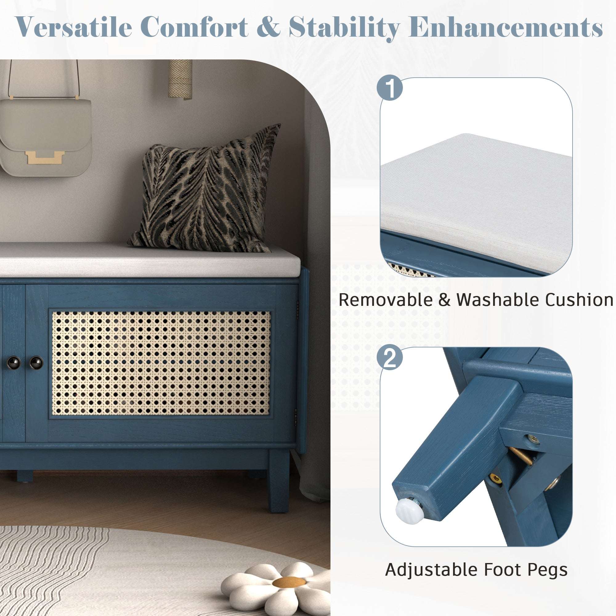 HECATEVIC Boho Storage Bench with Removable Cushion & Rattan Doors