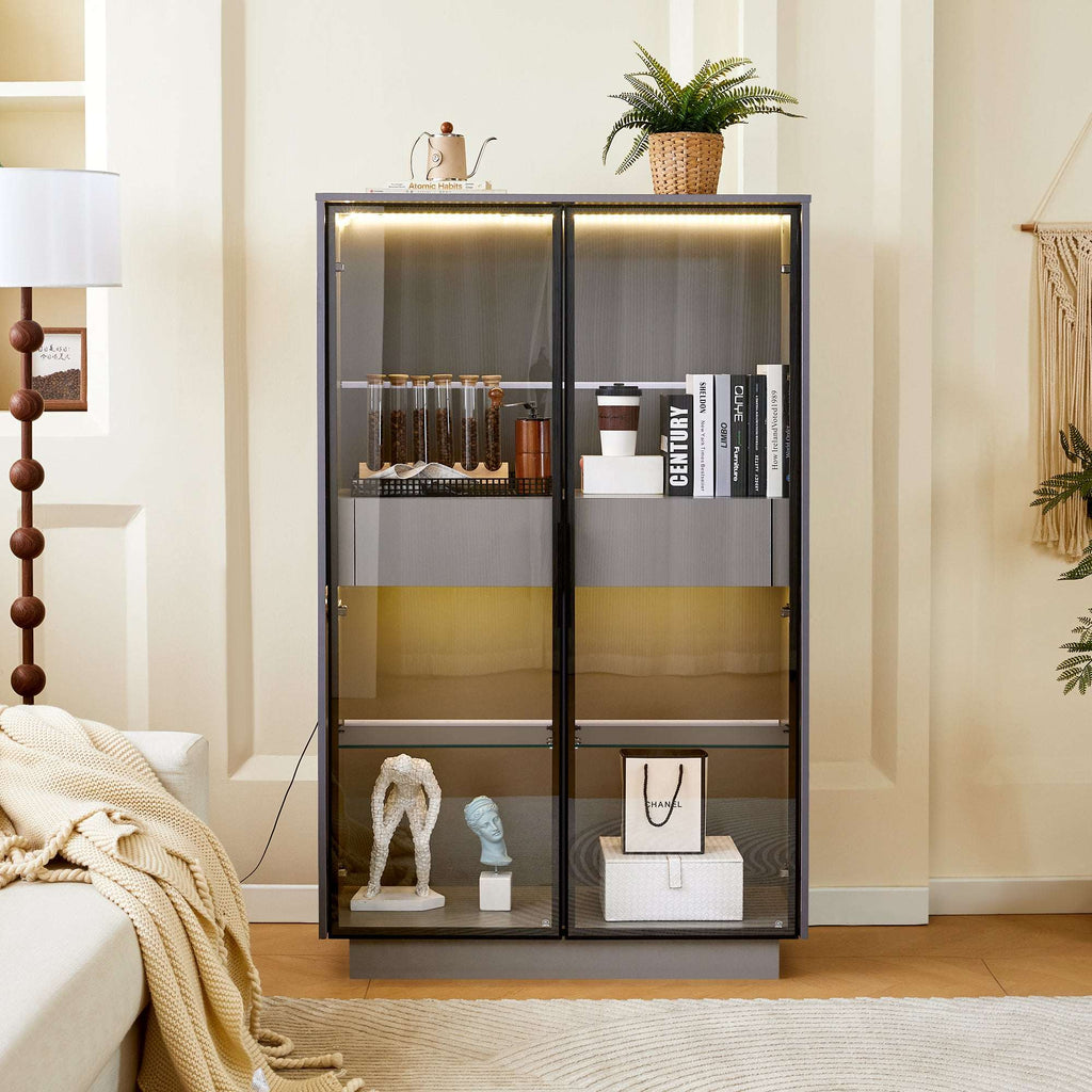 Hecatevic Modern Display Cabinet with LED Lights & Adjustable Glass Shelves